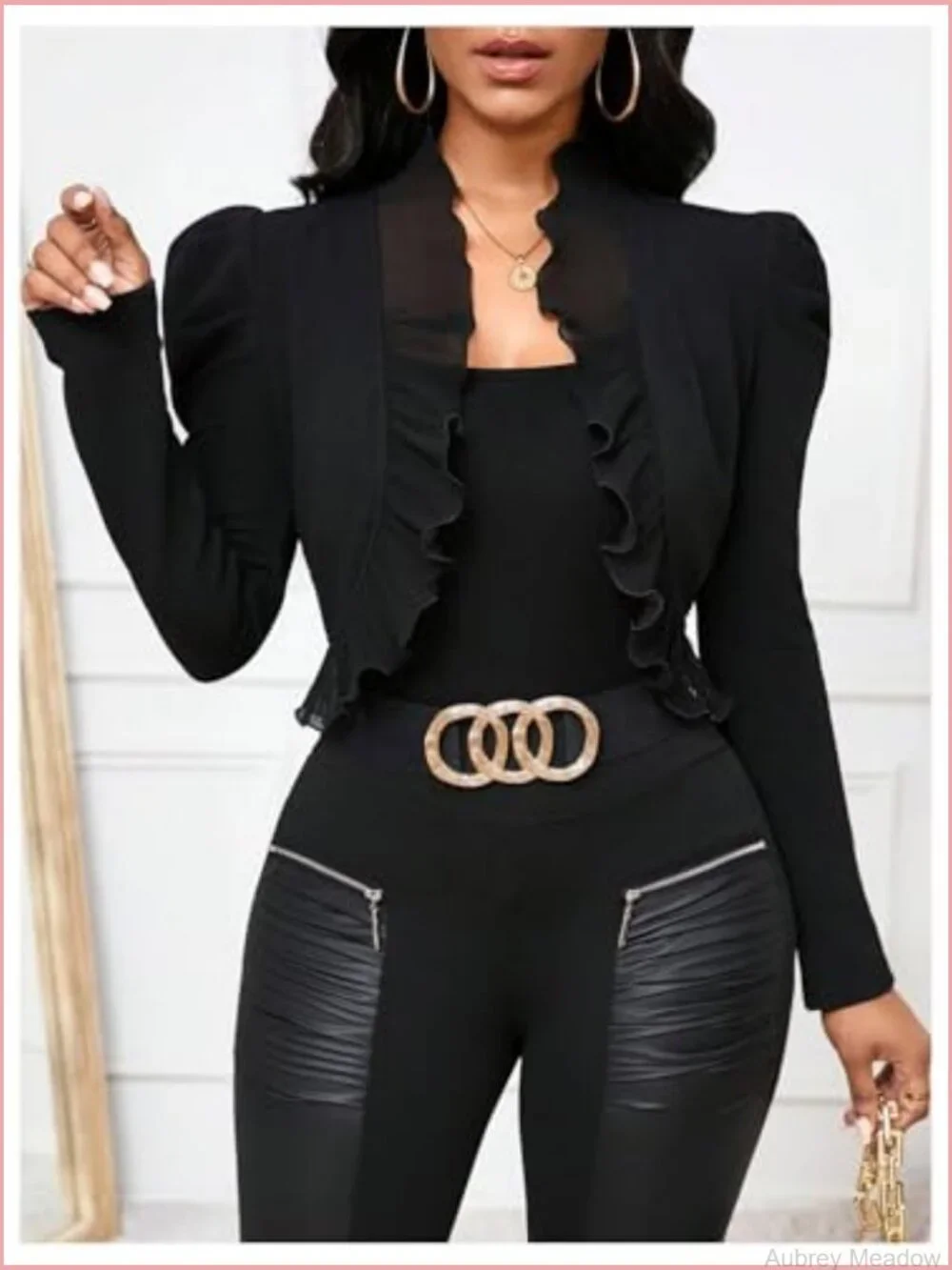 Ruffle Cropped Blazer Jacket Puff Long Sleeve Open Front Bolero